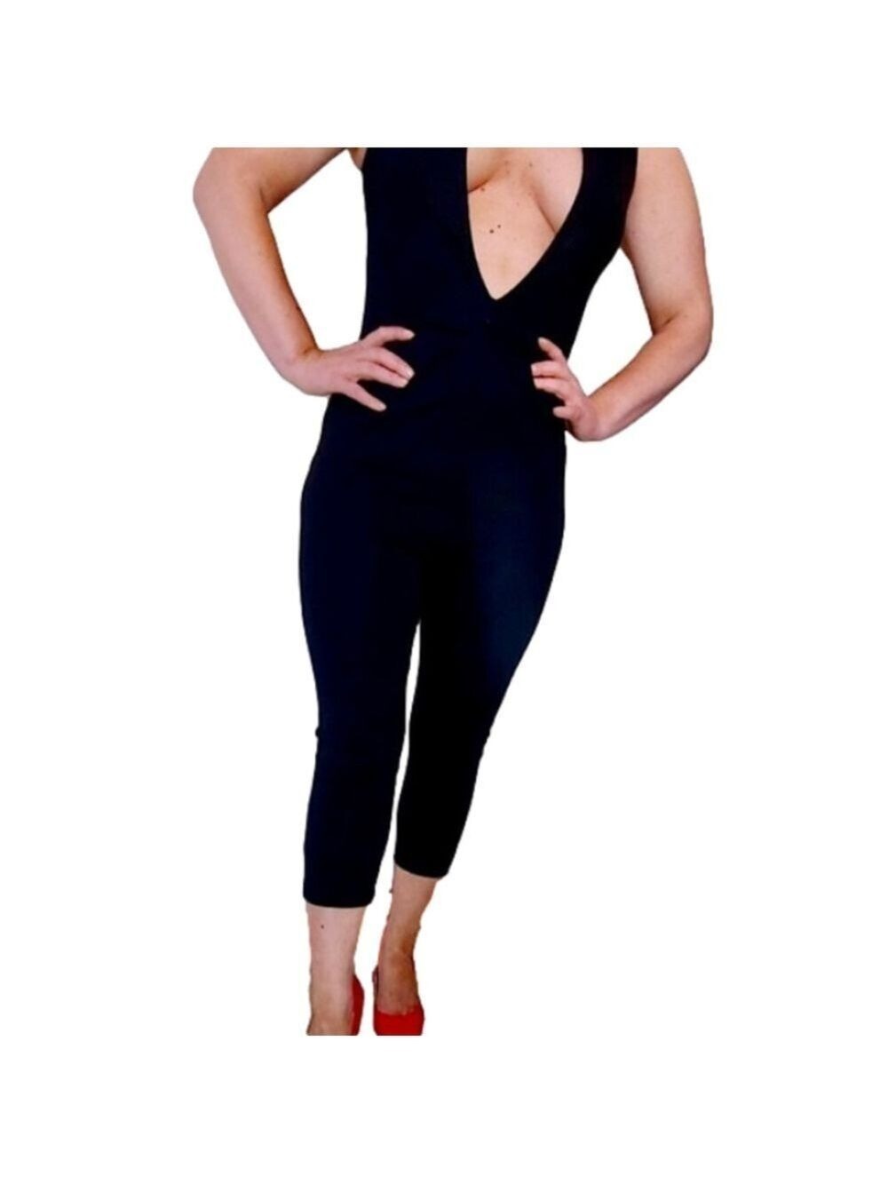 Fashion Nova Sexy Stretchy Black Deep Plunge Jumpsuit